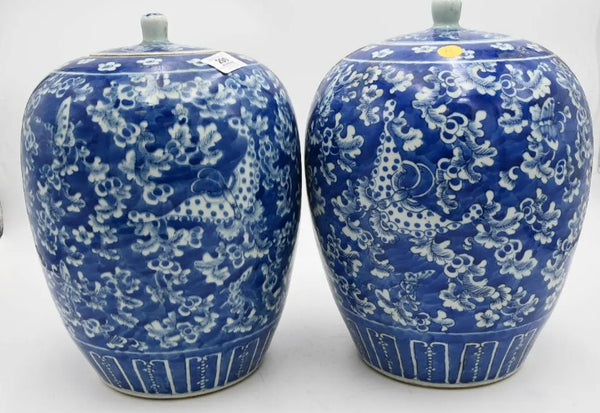 Pair of Blue & White Covered Jars