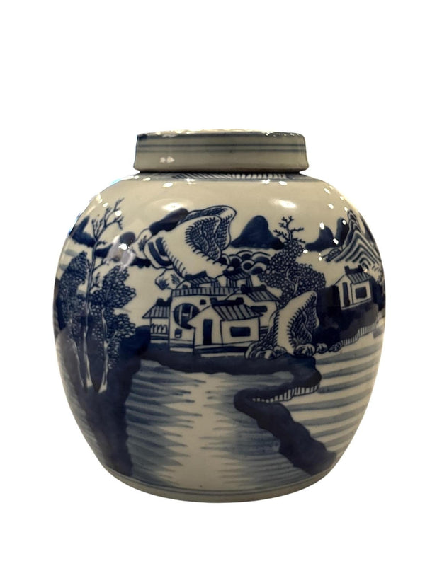 Blue and White Storage Jar with Village Scene - Anecdote