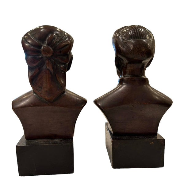 Chinese Bronze Bust of Man and Woman on Woden Pedestal, Vintage - Anecdote