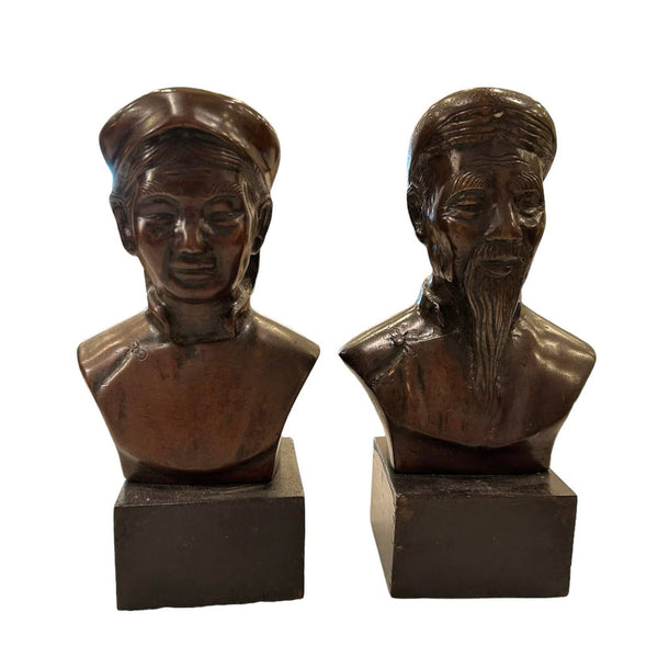 Chinese Bronze Bust of Man and Woman on Woden Pedestal, Vintage - Anecdote