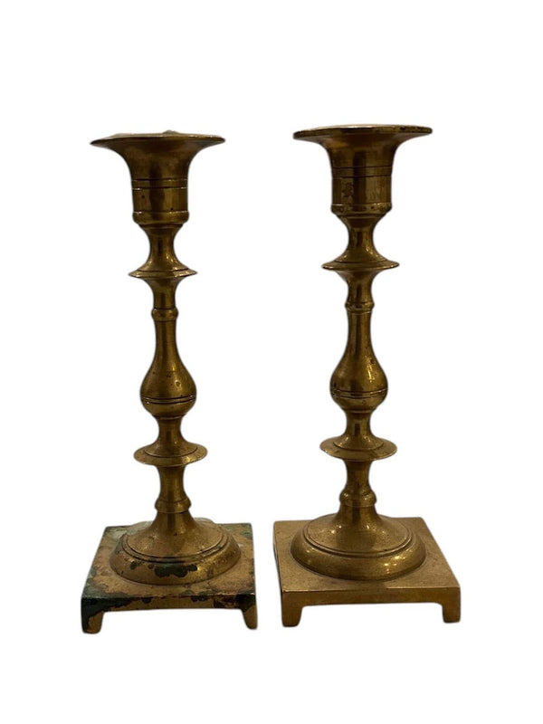 Short Brass Candlesticks, Antique - Anecdote