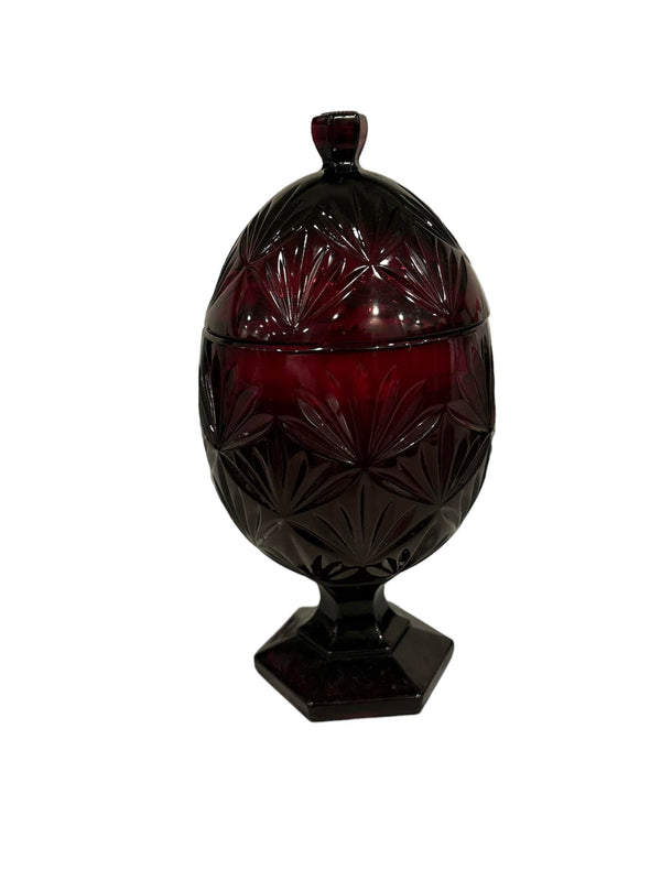 Vintage Cranberry Glass Candy Dish with Wood Wick Candle - Anecdote