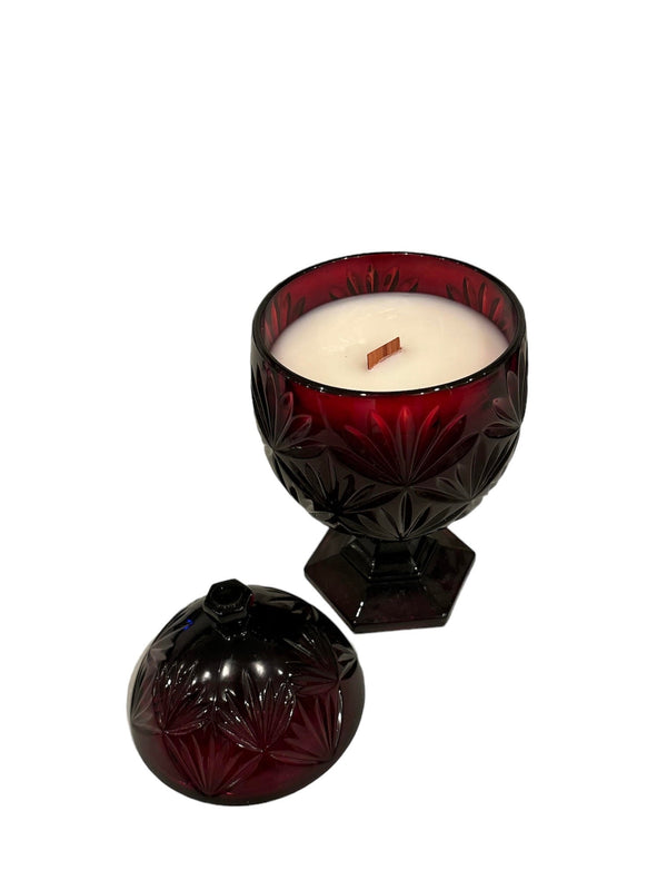 Vintage Cranberry Glass Candy Dish with Wood Wick Candle - Anecdote