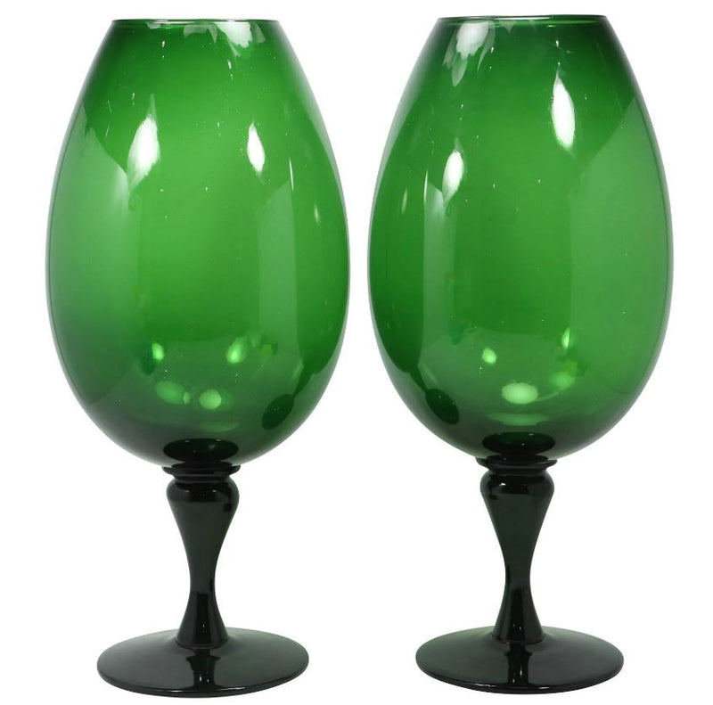 Large Green Glass Vases on Stem Bases, Set of Two