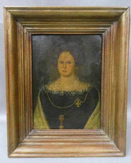 Portrait of Royalty Woman Painting on Tin, 1680's, unsigned, in Wood Frame - Anecdote