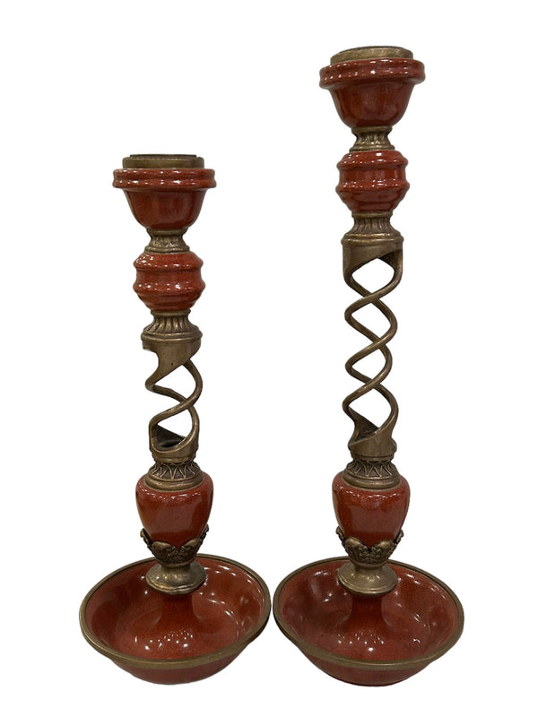 Pair of Ceramic and Twisted Brass Candlesticks