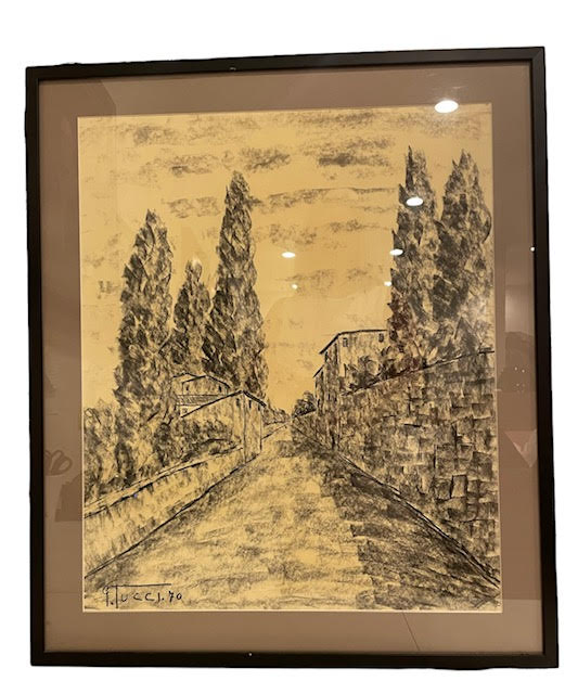 Mid-Century Modern Drawing of an Italian Roadway, Signed